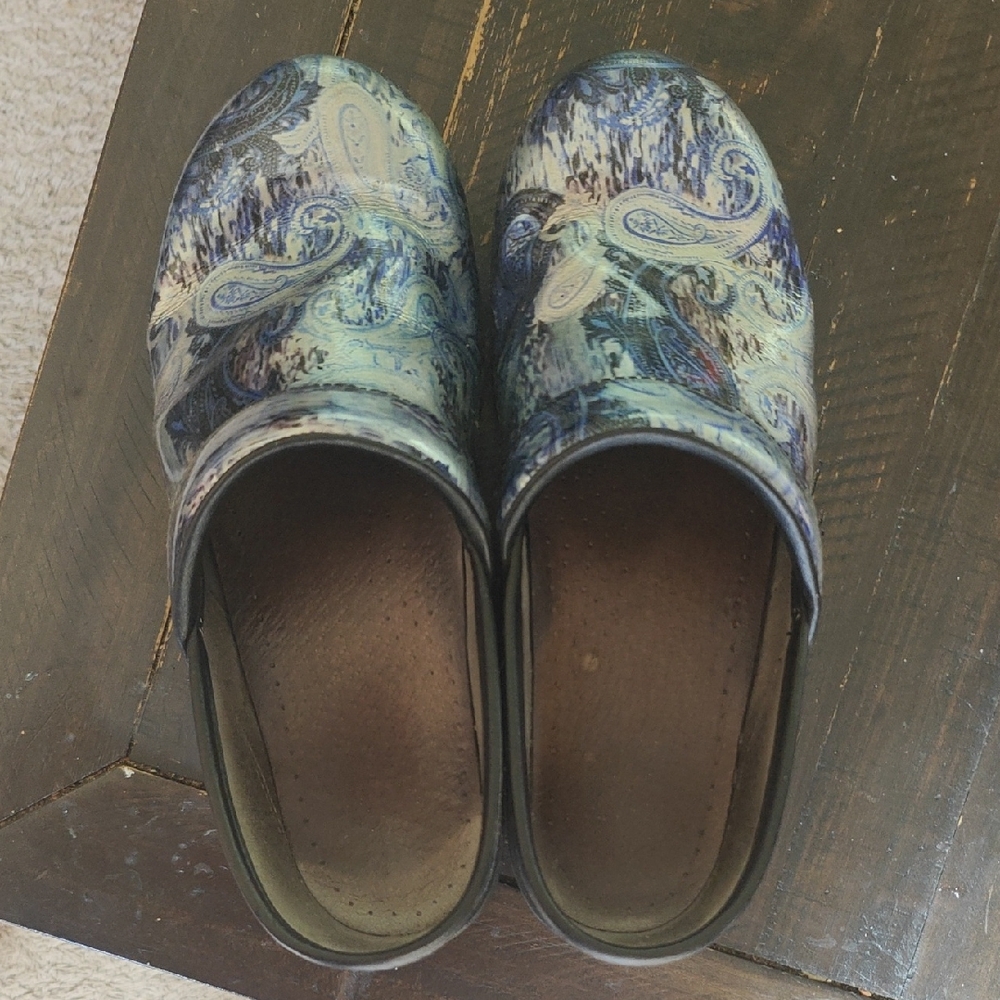 Dansko Blue and Cream Paisley Clogs